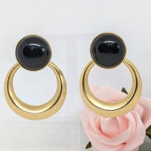 Vintage Trifari Earrings Big & Bold Gold Tone Black Cabochon Signed Jewellery